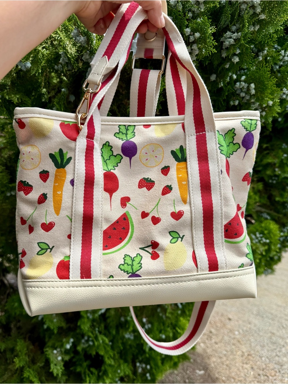 Betsey Johnson Cream Canvas Tote with Red Heart Pom and Fruit & Veggie Print - Picture 2 of 6